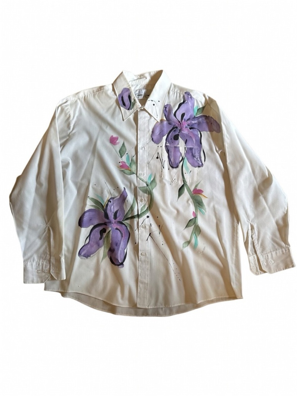 Hand-Painted Floral White Button-Up Shirt with Purple Blooms